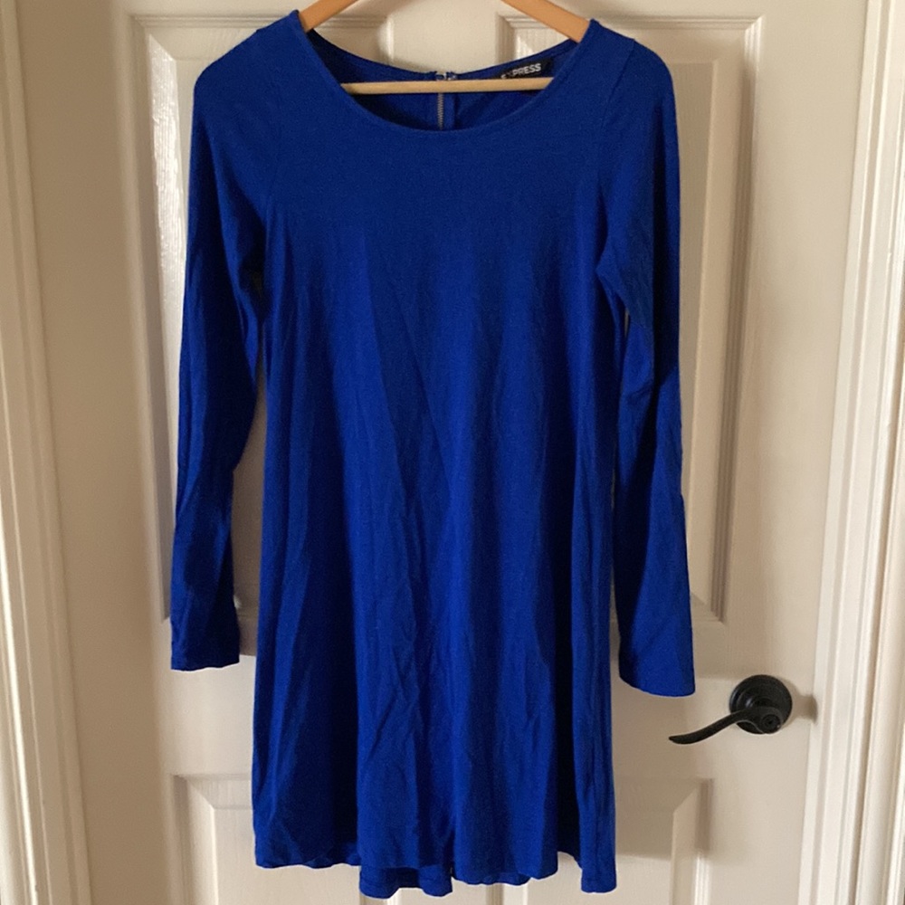 Express Royal Blue Long Sleeve Trapeze A-Line Small Soft Cotton Blend Dress EUC